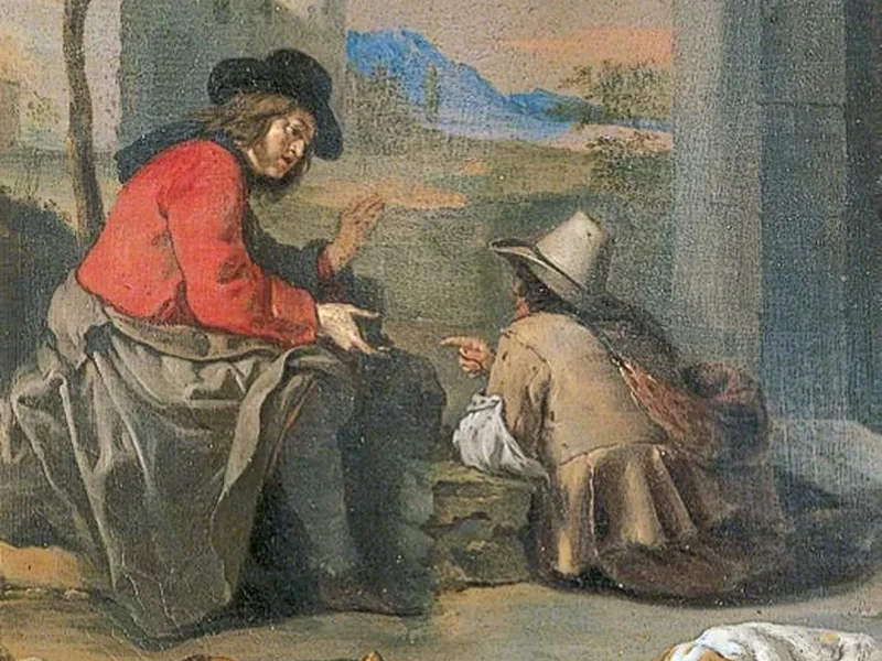 1618-Michiel Sweerts - Due figure sedute con un cane
